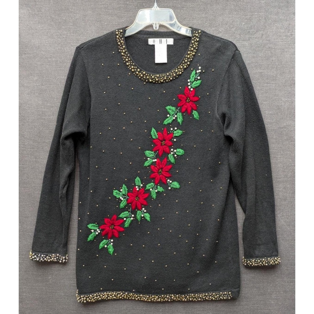 Vintage OHI Black Christmas Sweater Poinsettia Beaded Long Length Holiday Size M